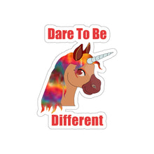 Load image into Gallery viewer, die-cut waterproof vinyl sticker with a unicorn and the caption &#39;dare to be different&#39;
