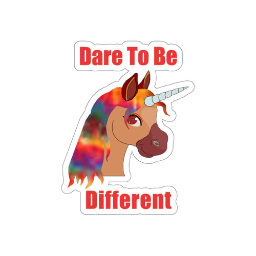 die-cut waterproof vinyl sticker with a unicorn and the caption 'dare to be different'