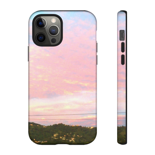 Tough phone case featuring a pink sunrise over Dorsetshire Hill, St. Vincent and the Grenadines.