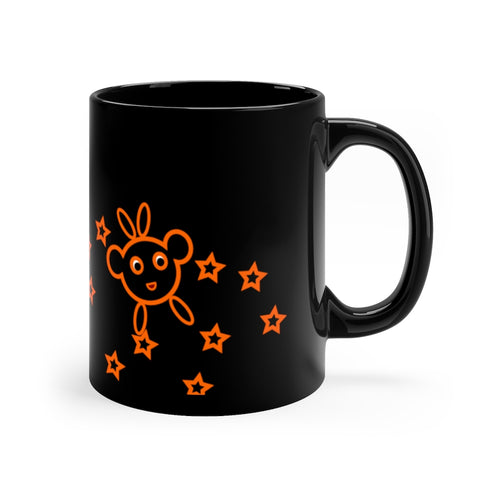11oz black coffee mug with an orange Star Hoppers design
