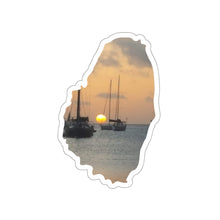 Load image into Gallery viewer, A die-cut sticker of sailboats at Canash beach at sunset in St. Vincent
