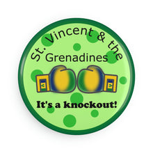 Load image into Gallery viewer, Green St. Vincent and the Grenadines round metal button magnet with national colored boxing gloves with slogan it&#39;s a knockout.

