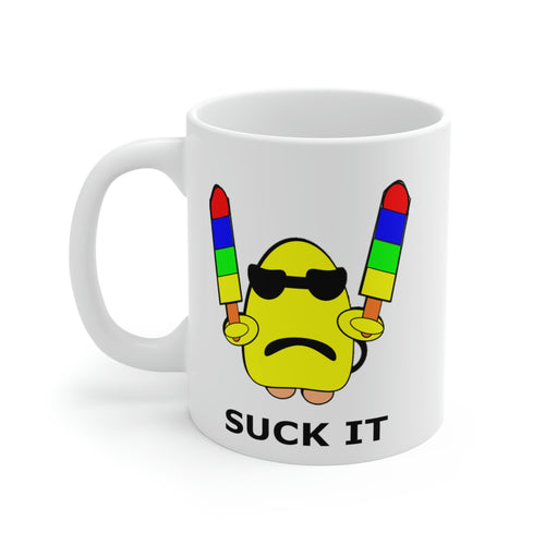 white ceramic mug featuring a yellow gumdrop holding 2 popsicles and the caption 'suck it'.