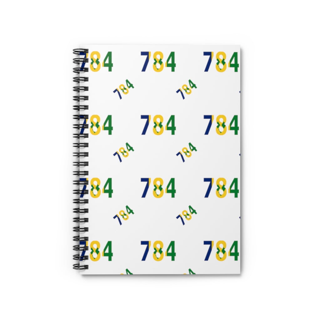 white spiral lined notebook with St. Vincent and the Grenadines area code 784 repeated on the cover in national colors