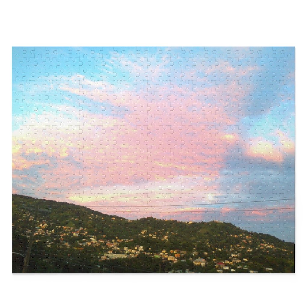 Jigsaw puzzle showing a picture of a pink sunrise in St. Vincent and the Grenadines.