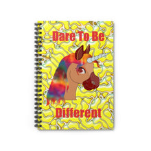 Load image into Gallery viewer, yellow and white dare to be different spiral notebook with a unicorn head on the cover
