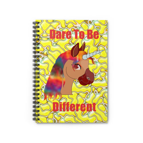 yellow and white dare to be different spiral notebook with a unicorn head on the cover