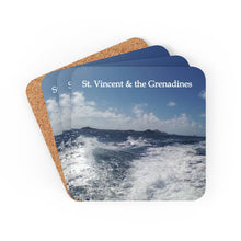 Load image into Gallery viewer, 4 corkwood coaster set featuring a real photograph taken while travelling on the high seas between St. Vincent and the Grenadines
