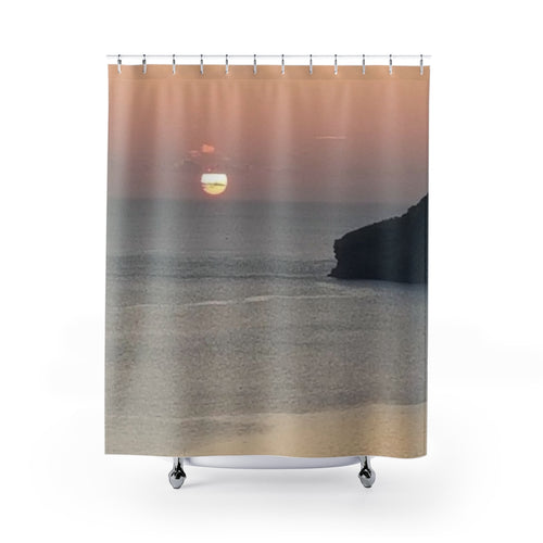 Shower curtain with low sun setting off Edinboro, St. Vincent and the Grenadines