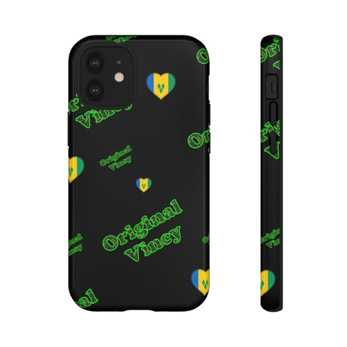 Black phone case with 'original vincy' design in camouflage green letters.