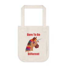 Load image into Gallery viewer, organic canvas tote bag with a unicorn and the caption dare to be different 

