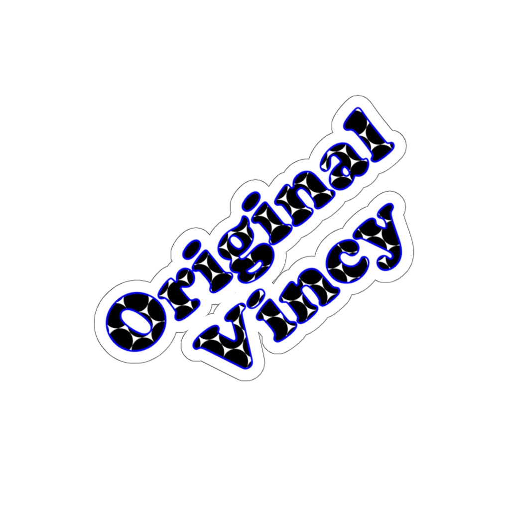 die-cut sticker spelling Original Vincy in black and blue