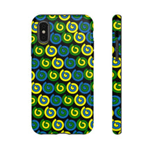 Load image into Gallery viewer, Black tough phone case with blue, green and yellow spirals.
