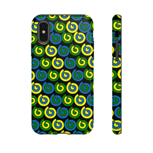 Black tough phone case with blue, green and yellow spirals.