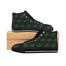 Load image into Gallery viewer, Black women&#39;s high-top sneakers with &#39;original  vincy&#39; repeat pattern.
