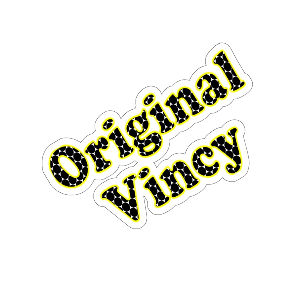 die-cut sticker with original vincy spelled in black and yellow 