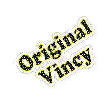 Load image into Gallery viewer, die-cut sticker with original vincy spelled in black and yellow 
