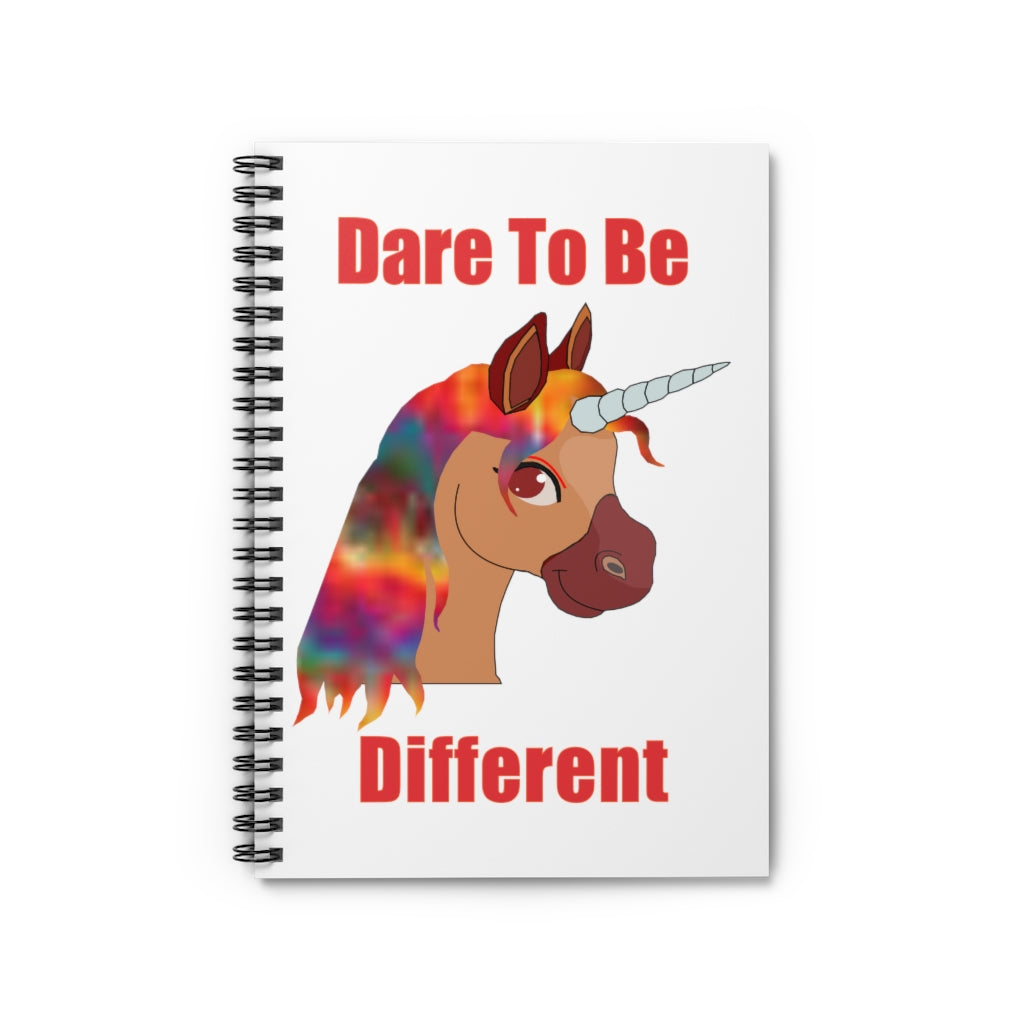 White dare to be different spiral lined notebook with a unicorn on the front cover