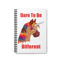 Load image into Gallery viewer, White dare to be different spiral lined notebook with a unicorn on the front cover
