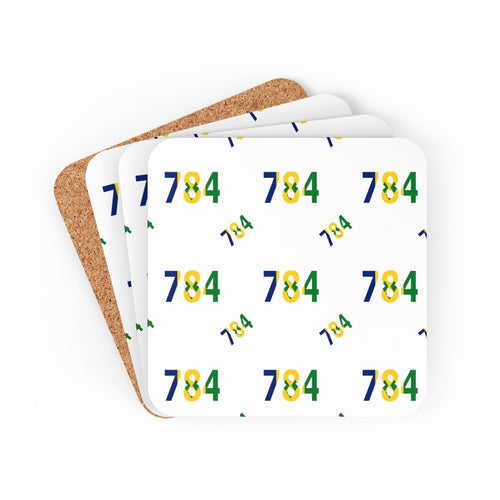 A set of 4 white corkwood-backed coasters featuring a 784 repeat pattern in blue, yellow and green.