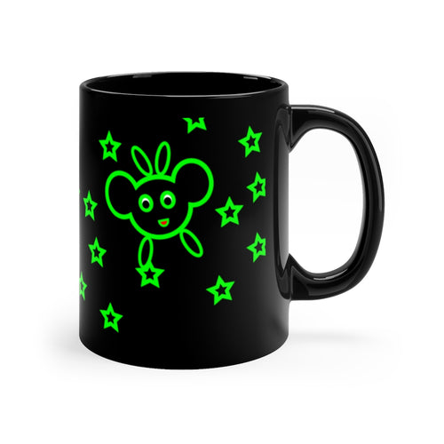 Black coffee mug with Star Hopping character design.