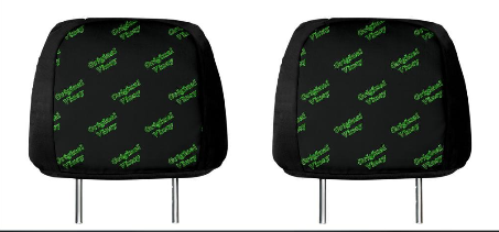 black vehicle headrest with 'original vincy' in green
