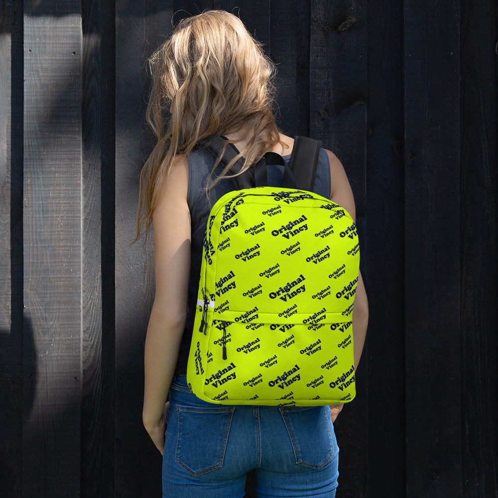 Green backpack with 'original vincy' written in camouflage green letters.