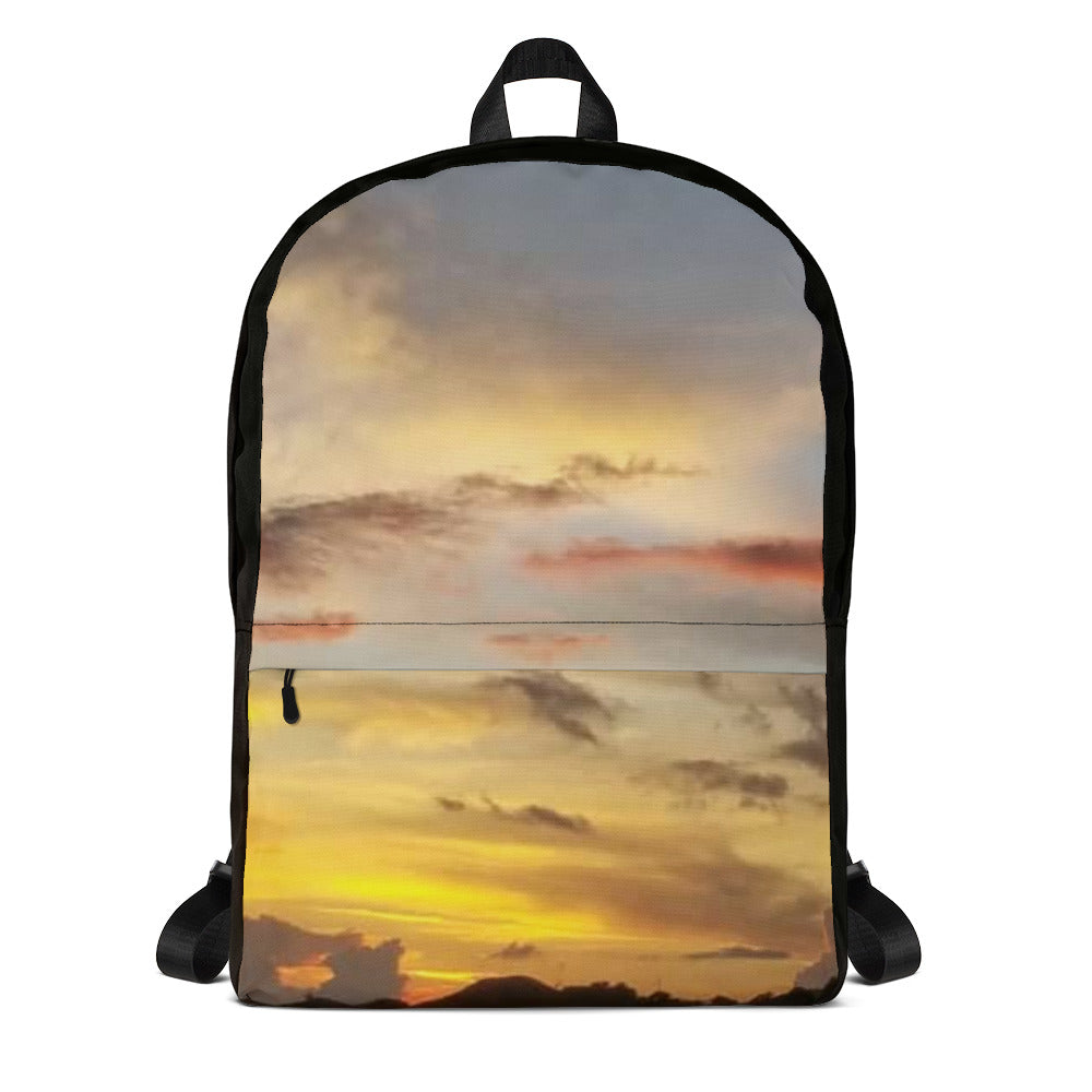 A backpack featuring a sunset in St. Vincent and the Grenadines 