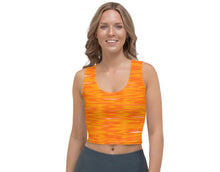 Load image into Gallery viewer, woman wearing a sleeveless crop top with a pumpkin spice design
