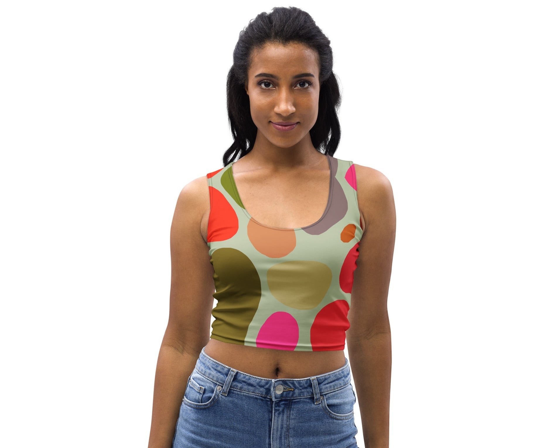 crop top featuring a multi-coloured stone pattern.