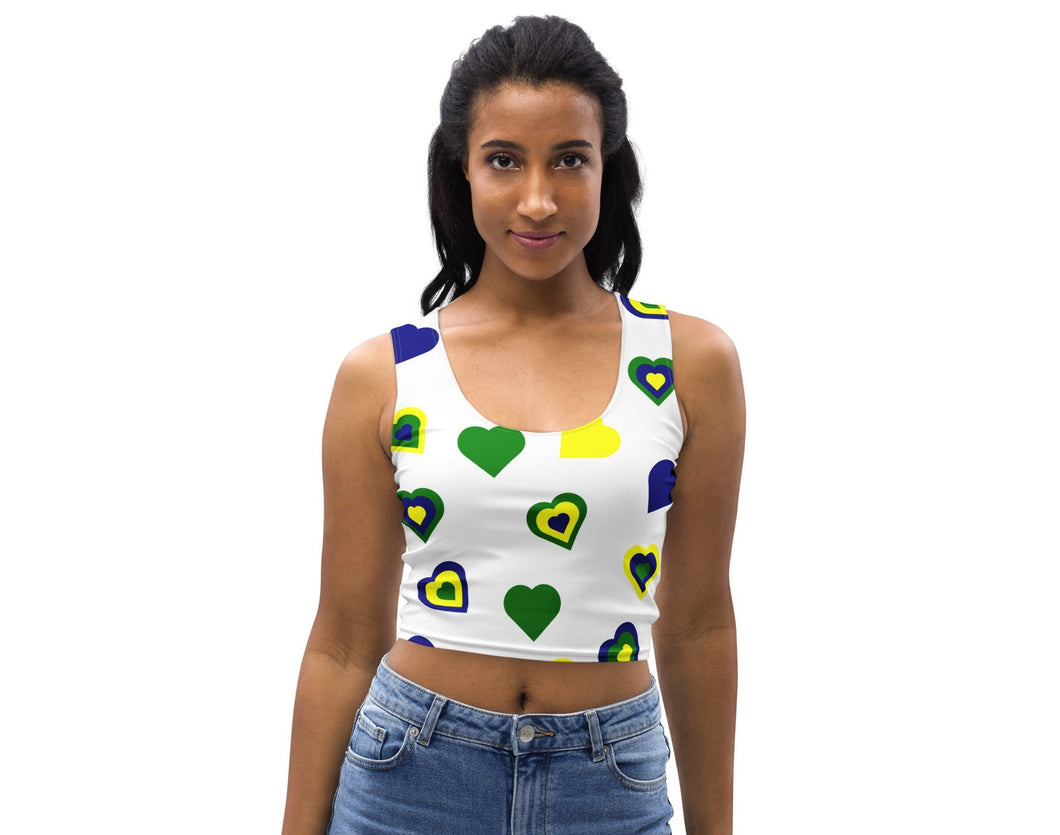white crop top with vincy love shown in the form of national coloured hearts