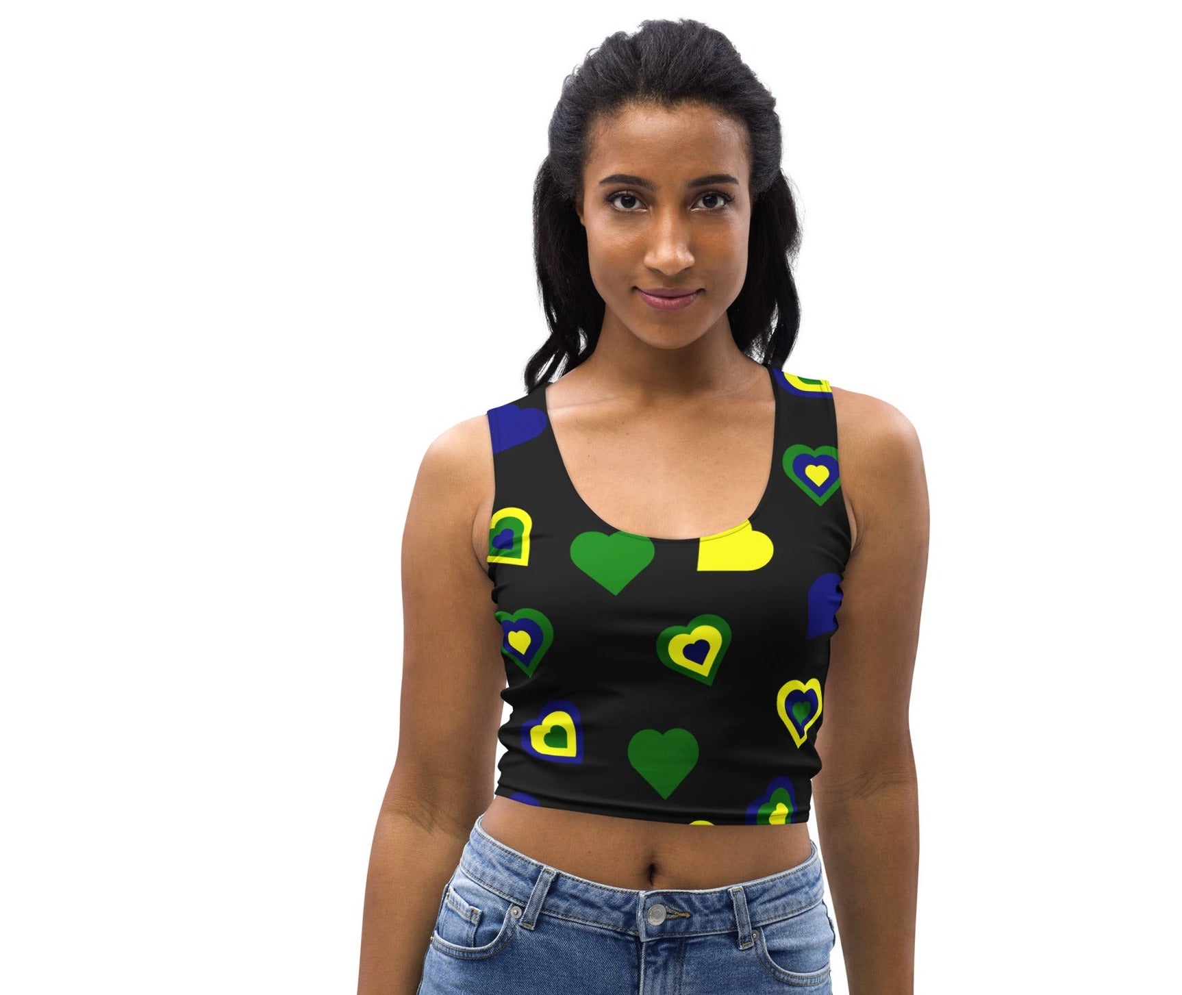 black crop top showing vincy love with national coloured hearts