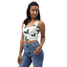 Load image into Gallery viewer, white body hugging crop top with butterflies in a vincy colored design
