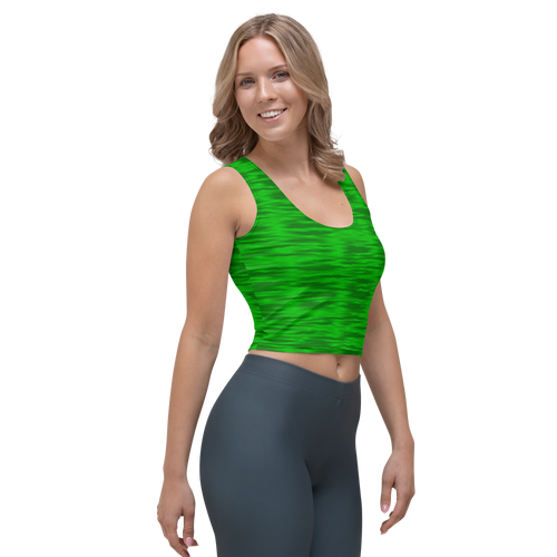 woman wearing a green sleeveless  crop top with black ripples