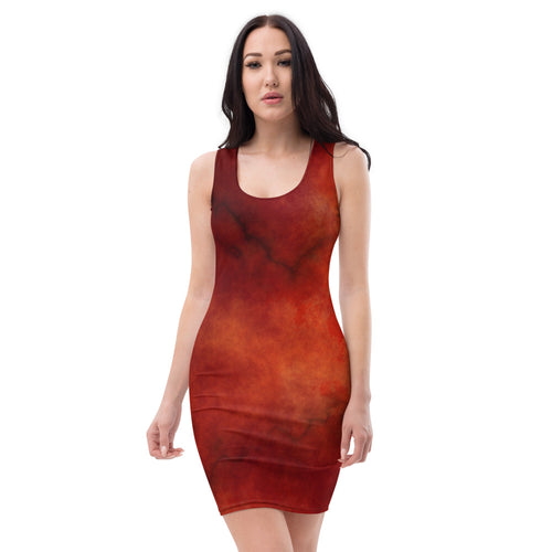 Woman wearing a form fitting dress with a design color representing autumn fire.