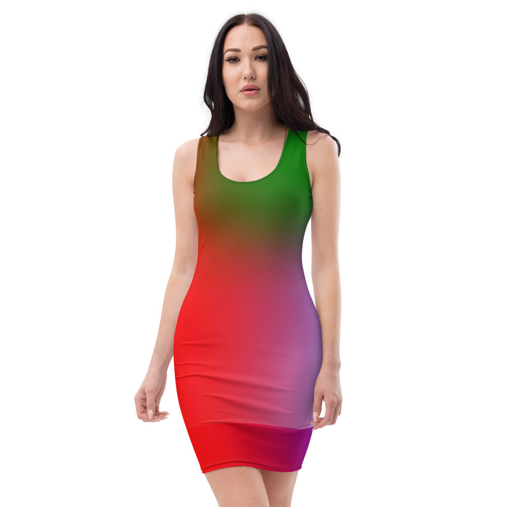woman wearing fitted dress of palette colors of blue, red, purple, green and white