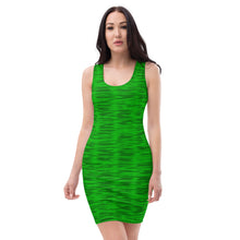 Load image into Gallery viewer, woman wearing a green emerald colored fitted dress reaching a length of mid thigh
