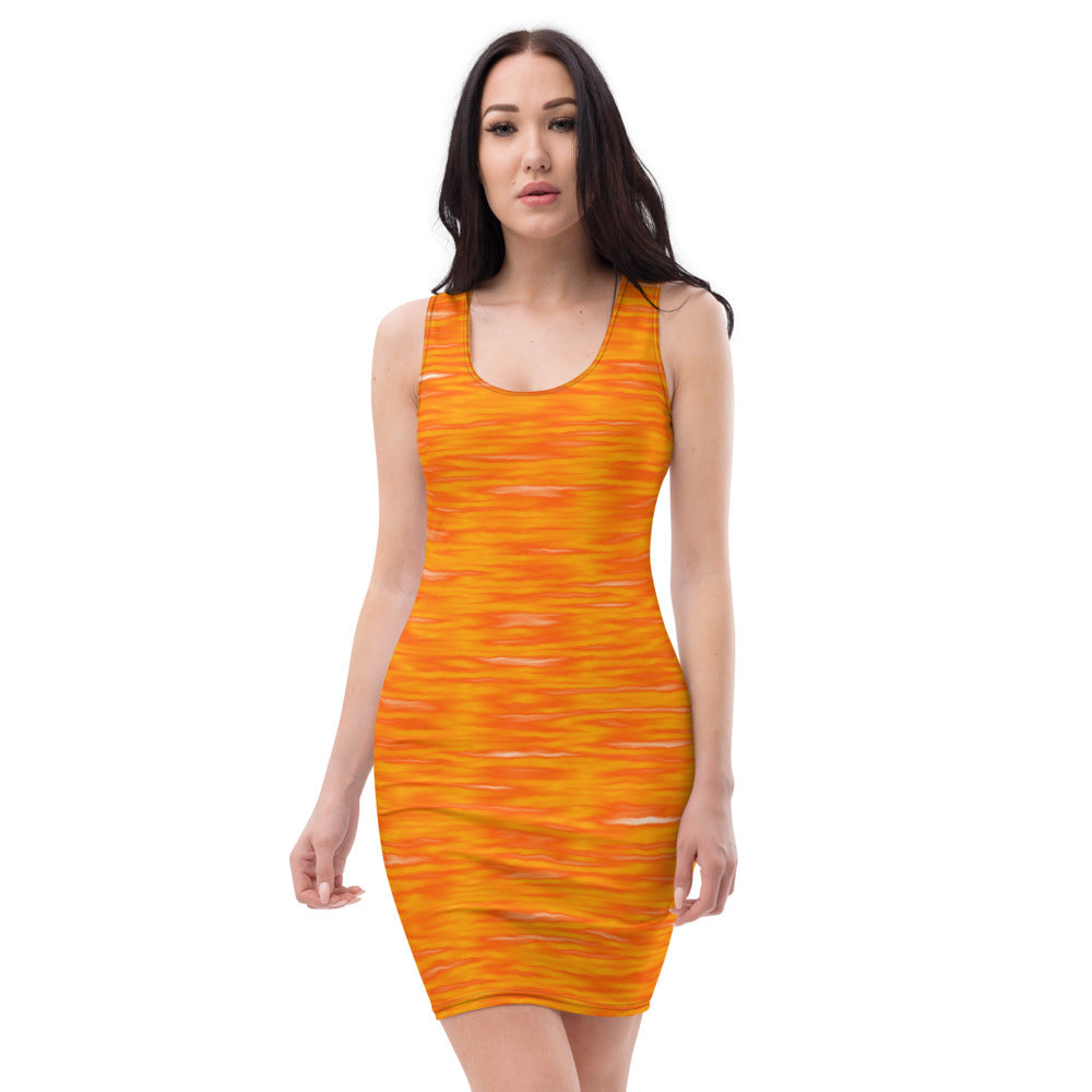 woman wearing a sleeveless orange and yellow fitted mini dress entitled pumpkin spice