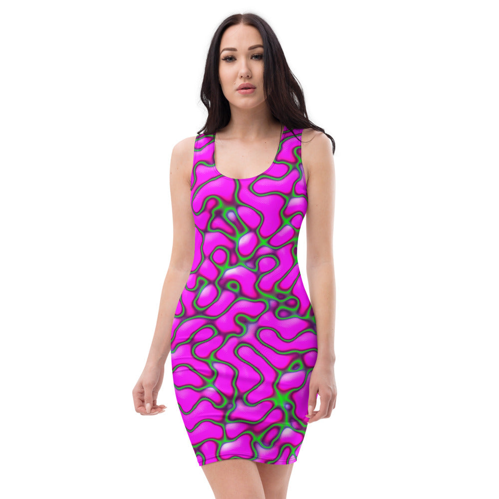 sleeveless, fitted mini dress with a purple and green marble pattern 