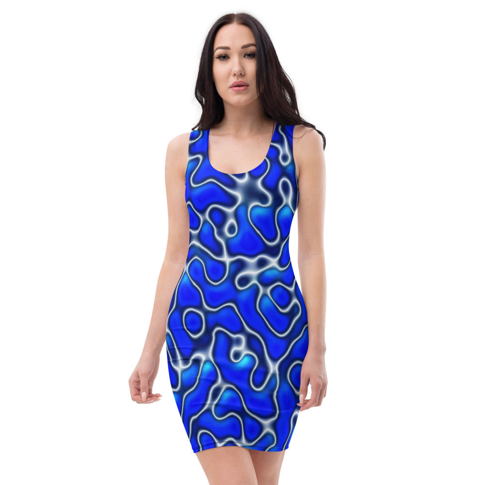 woman wearing a blue dress with a marble pattern