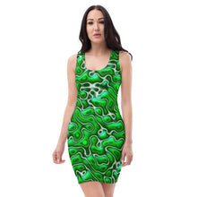 Load image into Gallery viewer, woman wearing a sleeveless, fitted green marble dress
