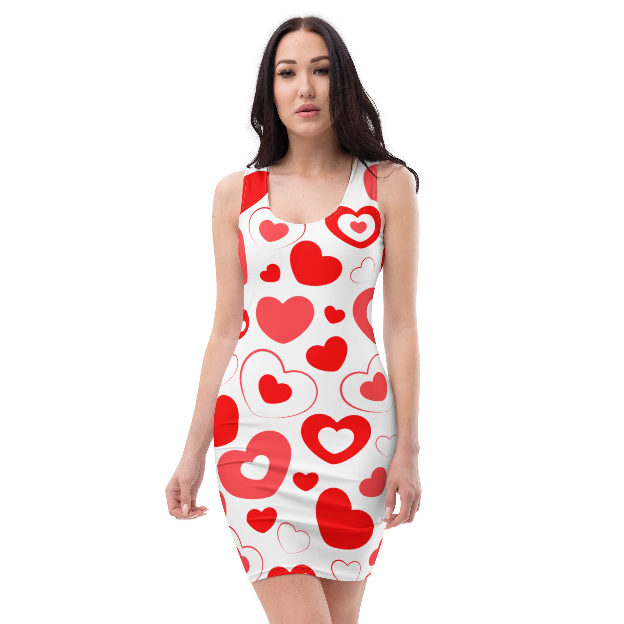 white fitted dress with red, pink and white hearts in hearts.