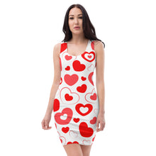 Load image into Gallery viewer, white fitted dress with red, pink and white hearts in hearts.
