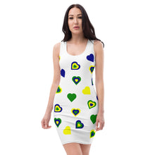 Load image into Gallery viewer, white fitted dress using national coloured hearts to show Vincy love.
