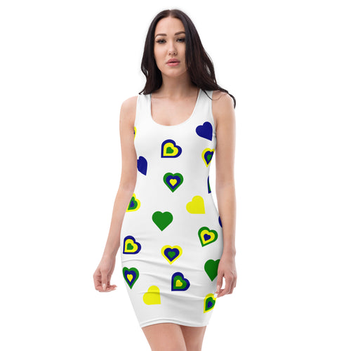white fitted dress using national coloured hearts to show Vincy love.