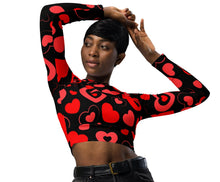 Load image into Gallery viewer, black long sleeve crop top with a variety of red and pink hearts inside hearts
