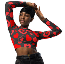Load image into Gallery viewer, grey long sleeve crop top with pink and red hearts in hearts inlay 
