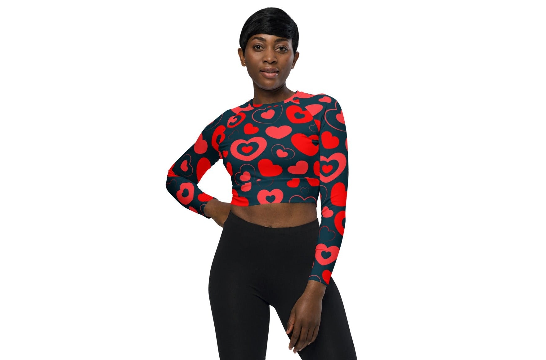 navy blue long sleeve crop top with red and pink hearts in hearts 