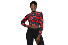 Load image into Gallery viewer, navy blue long sleeve crop top with red and pink hearts in hearts 
