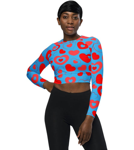 light blue long sleeve crop top with red and pink hearts in hearts inlay
